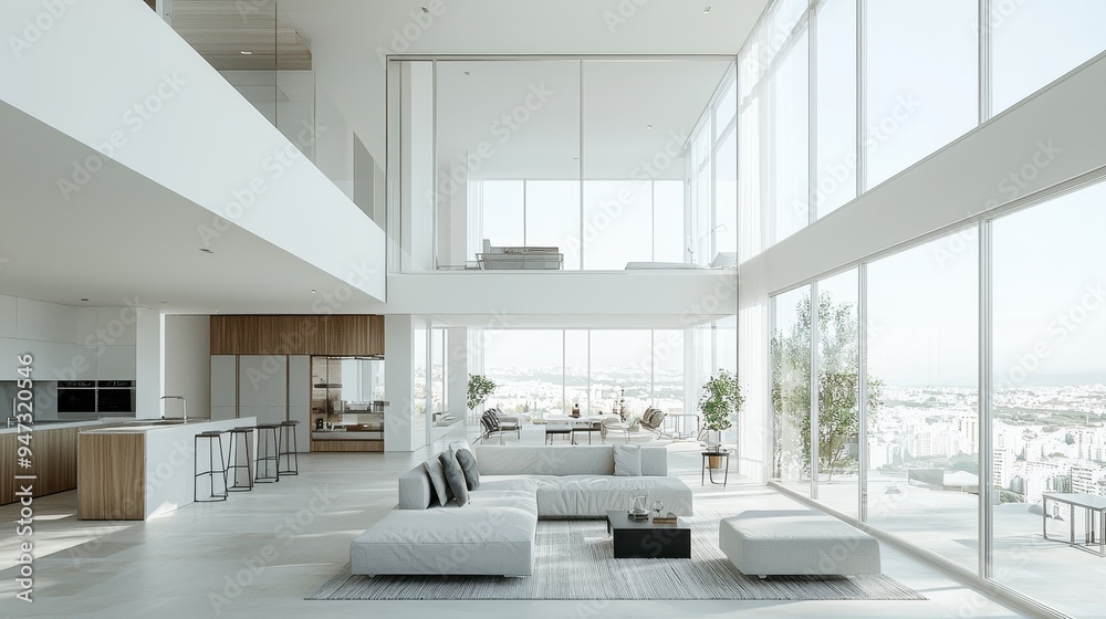 Modern Open Plan Living Room with Large Windows and City View Modern Open Plan Living Room with Large Windows and City View