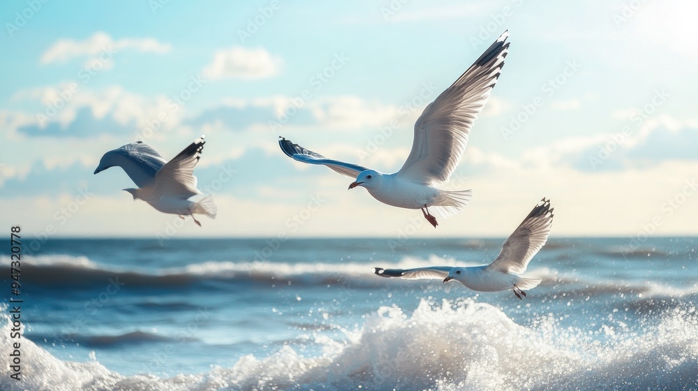 Seagulls flying over the beach, with waves crashing against the shore in the background. Seagulls flying over the beach, with waves crashing against the shore in the background.
