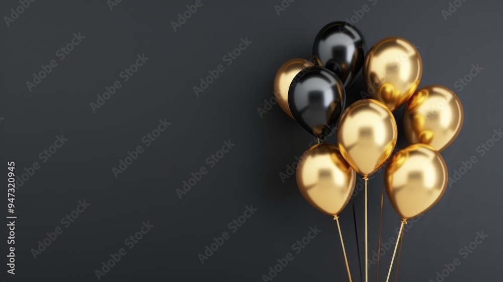 Elegant balloons with golden outlines create a sophisticated birthday backdrop against a deep black setting, exuding a festive yet refined atmosphere for celebrations. Elegant balloons with golden outlines create a sophisticated birthday backdrop against a deep black setting, exuding a festive yet refined atmosphere for celebrations.