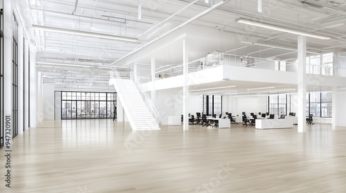 Modern White Loft Office Interior with Glass Railing and Hardwood Floor