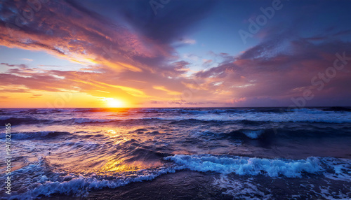 Sea with waves, beautiful sunset and clouds in the sky photography style 