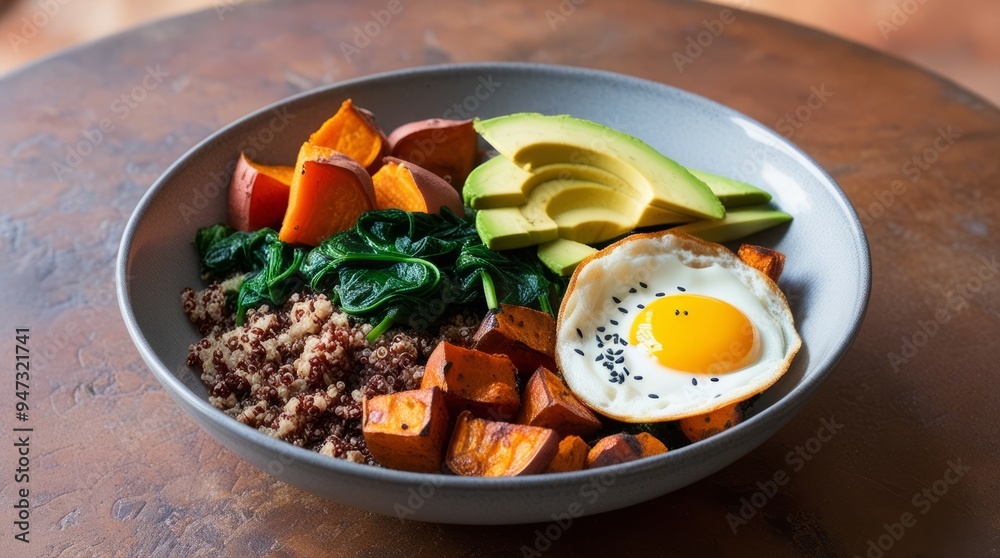 A delicious breakfast bowl made with quinoa, sautéed spinach, roasted sweet potatoes and a fried egg, topped with sliced avocado and a sprinkle of black sesame seeds. A delicious breakfast bowl made with quinoa, sautéed spinach, roasted sweet potatoes and a fried egg, topped with sliced avocado and a sprinkle of black sesame seeds.