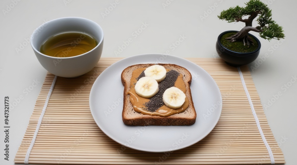A minimalist breakfast consisting of a slice of whole wheat toast spread with almond butter, topped with chia seeds and sliced banana, served with a cup of green tea. A minimalist breakfast consisting of a slice of whole wheat toast spread with almond butter, topped with chia seeds and sliced banana, served with a cup of green tea.