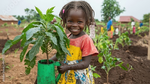 Happy African Girl Planting a Sapling in a Garden photo