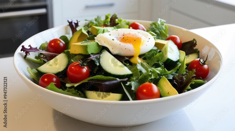 A vibrant and fresh salad made with mixed greens, avocado, cherry tomatoes, cucumber, and a poached egg, drizzled with a light lemon vinaigrette. The salad is presented in a white ceramic bowl on a cl A vibrant and fresh salad made with mixed greens, avocado, cherry tomatoes, cucumber, and a poached egg, drizzled with a light lemon vinaigrette. The salad is presented in a white ceramic bowl on a cl