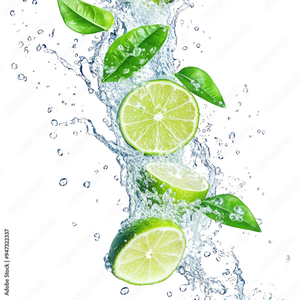 Fresh limes splashing with leaves, cut out Fresh limes splashing with leaves, cut out