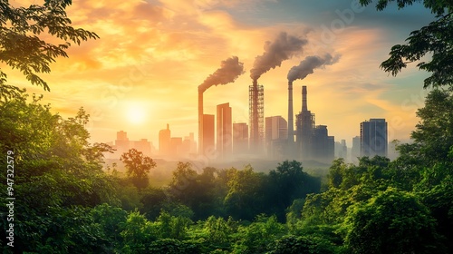 Sunrise Over Industrial Cityscape with Smoke Stacks and Green Trees