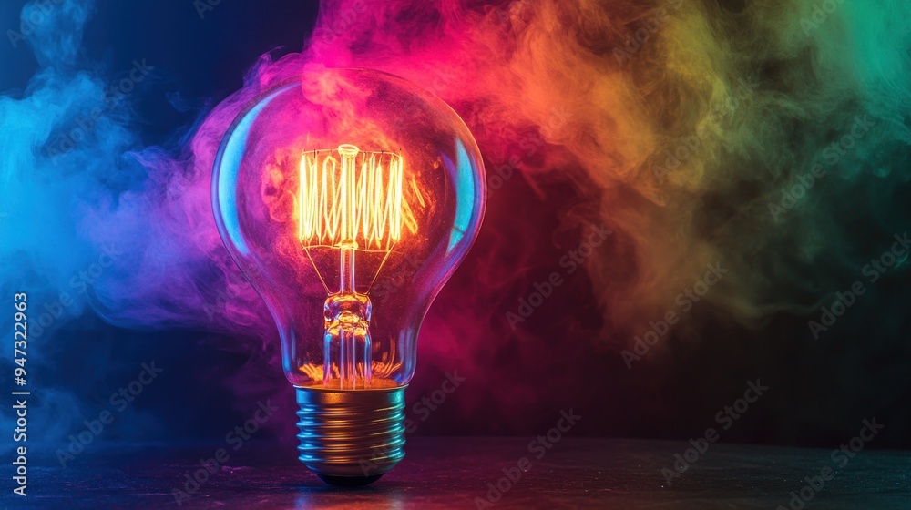 Illuminated Idea: A Light Bulb Glowing Against a Background of Multi-colored Smoke Illuminated Idea: A Light Bulb Glowing Against a Background of Multi-colored Smoke