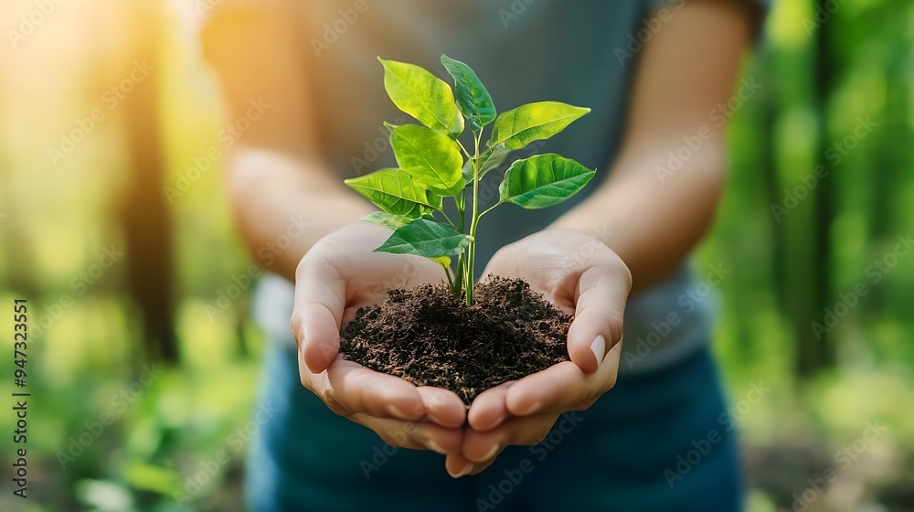 Hands Holding a Small Plant with Soil in a Forest Hands Holding a Small Plant with Soil in a Forest
