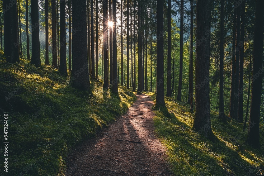 Sunbeams Through Forest Trees on Pathway Sunbeams Through Forest Trees on Pathway