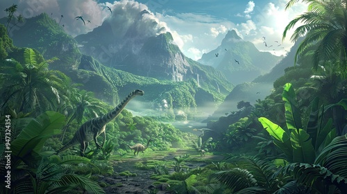 Prehistoric Jungle Adventure: Dinosaurs Roaming Amongst Vector Volcanoes