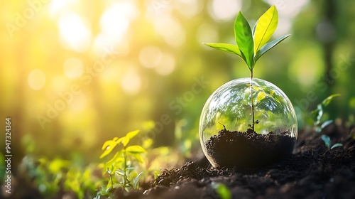 Young Plant Growing in a Glass Globe in the Sunshine