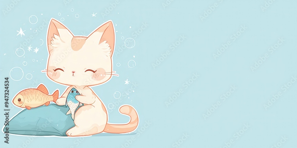 Cute Cartoon Cat Holding Fish on Blue Background Cute Cartoon Cat Holding Fish on Blue Background
