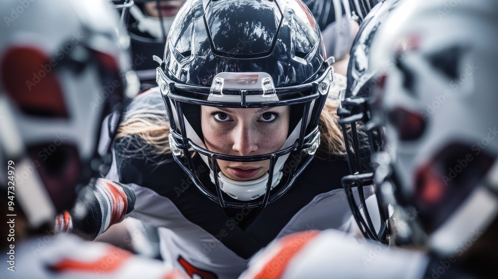 A girl in a football helmet is surrounded by other players A girl in a football helmet is surrounded by other players