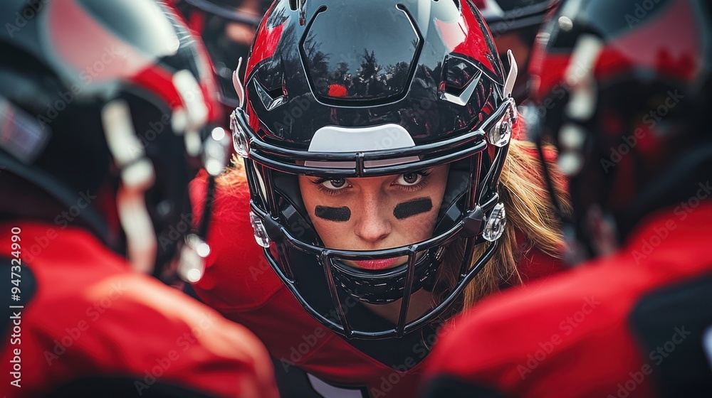 A girl in a football helmet is surrounded by other players A girl in a football helmet is surrounded by other players