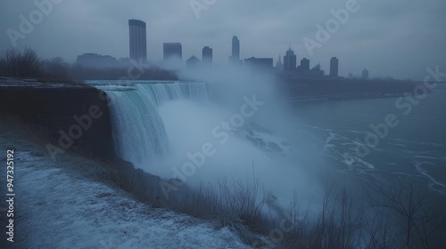 A misty view of Niagara Falls from the Canadian side, with the skyline in the distance.