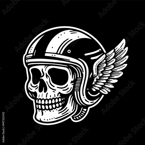 Hand drawn Skull wear helmet with wings illustration