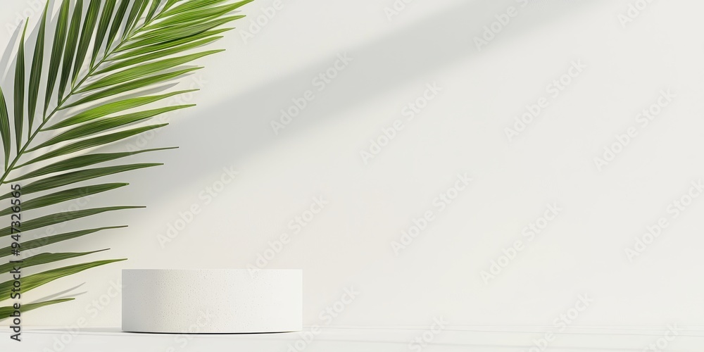 Minimalist White Platform with Palm Leaf Shadow for Product Display Minimalist White Platform with Palm Leaf Shadow for Product Display