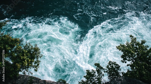 A view from the top of Niagara Falls, looking down at the rushing water below.