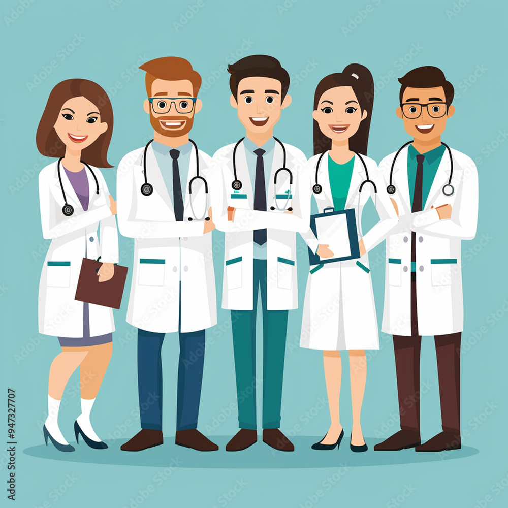 Flat illustration design of a doctor and several medical personnel Flat illustration design of a doctor and several medical personnel