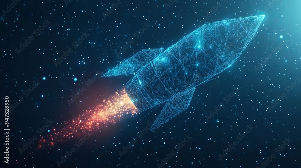 Fototapeta premium Digital rocket flies in orbit of planet Earth. Abstract light blue technological background. Spaceship in outer cosmos. Low poly wireframe vector illustration with 3D effect. Polygonal science art.