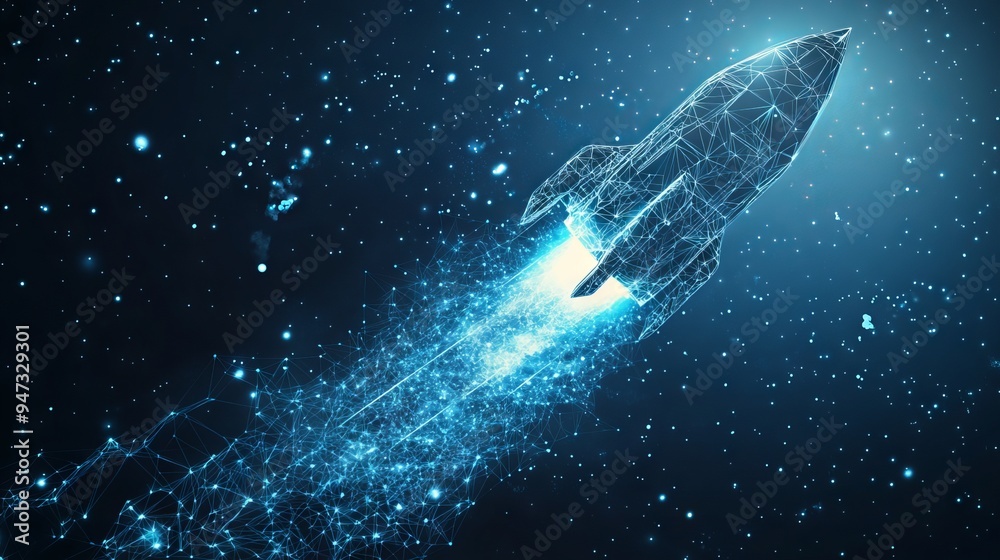 Fototapeta premium Digital rocket flies in orbit of planet Earth. Abstract light blue technological background. Spaceship in outer cosmos. Low poly wireframe vector illustration with 3D effect. Polygonal science art.