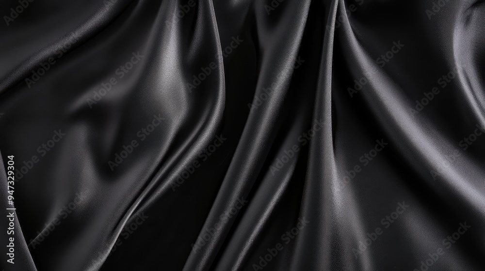 Fototapeta premium Closeup of rippled black satin fabric texture background. Luxurious background design 