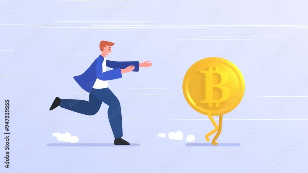 2d animation of businessman run and chase bitcoin, pursuit of electronic currency 2d animation of businessman run and chase bitcoin, pursuit of electronic currency