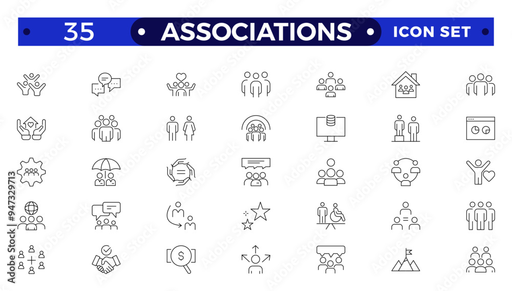 Society web icons in line style. Team, group, people, teamwork, social, association, cooperation, collection. Associations outline icon set. Society web icons in line style. Team, group, people, teamwork, social, association, cooperation, collection. Associations outline icon set.