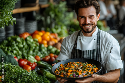 Smiling Chef Holding Freshly Prepared Meal with Vibrant Vegetables and Herbs. photo