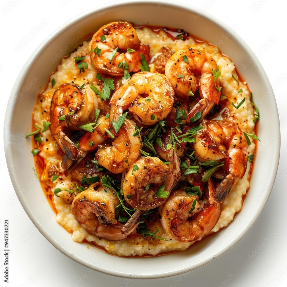 A bowl of shrimp and grits served on a bed of white rice, A bowl of shrimp and grits served on a bed of white rice,