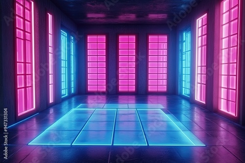 Empty room with brightly lit neon colors photo