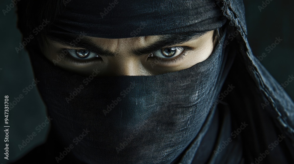 Naklejka premium A ninja hiding in the shadows, with only the eyes visible under the mask.