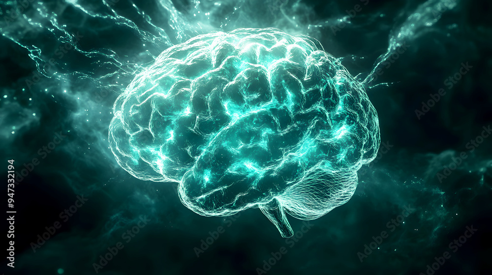A bioluminescent digital illustration of a human brain, with glowing plexus lines that radiate soft, natural light. The brain, rendered in smooth