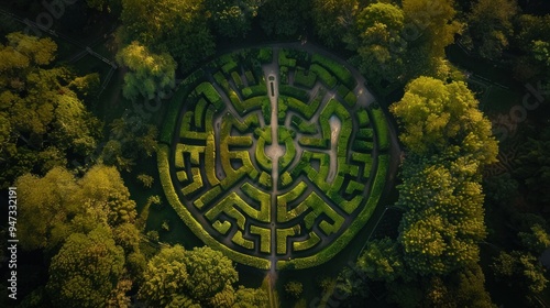 Aerial view from above of the intricately crafted maze of lush green hedges