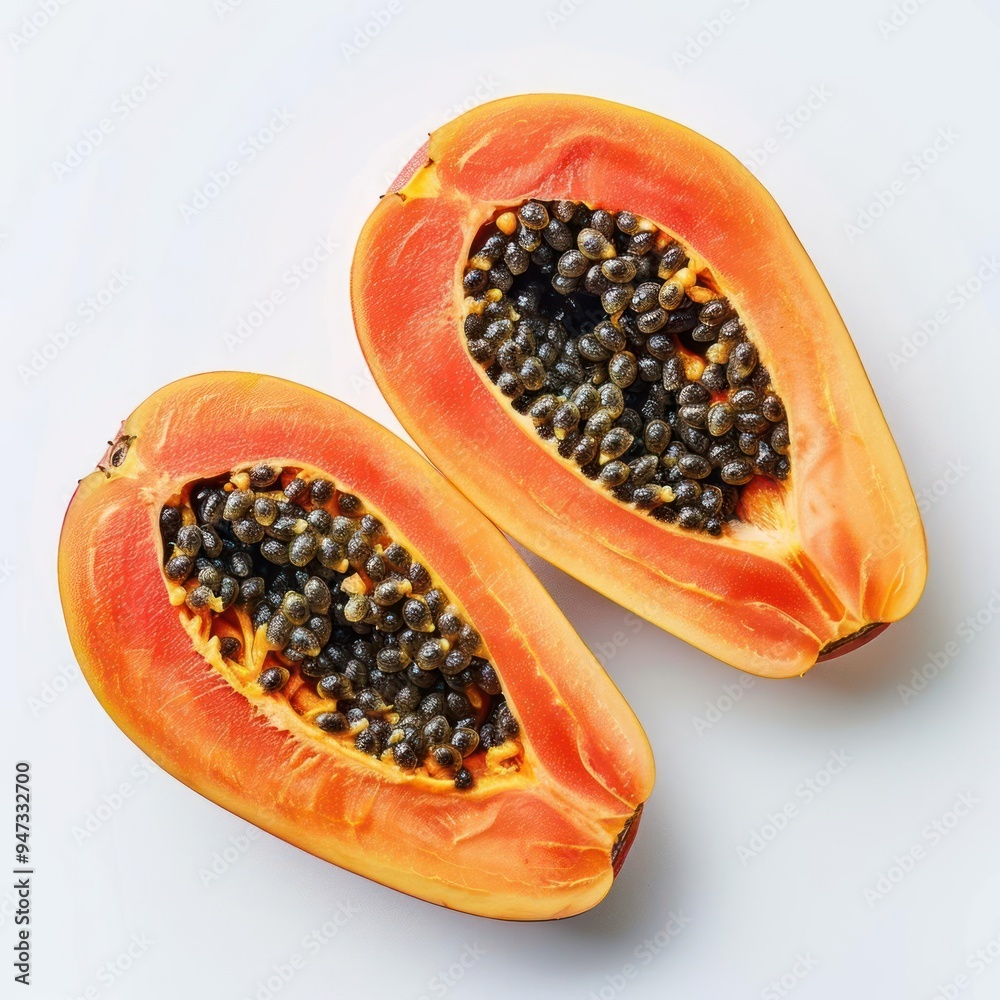 Two ripe papayas displaying the characteristic black seeds in between. Two ripe papayas displaying the characteristic black seeds in between.