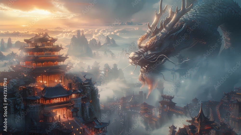 Celestial city of ancient Chinese lore, with intricate buildings and ...