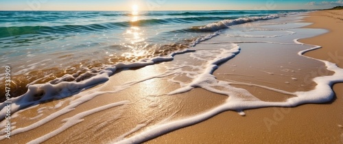 Foamy Waves Gently Crashing on Sandy Beach at Sunset