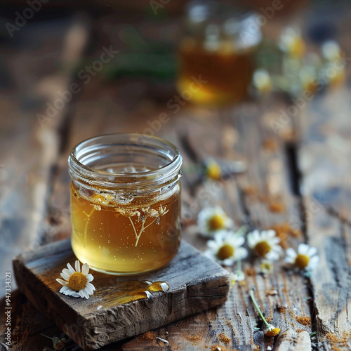 Preserved chamomile infused honey in the transparent jar on the wooden background. Healthy eating concept with edible flowers. Alternative medicine and immune system booster. AI generated food. 