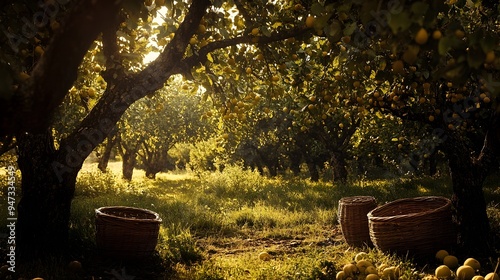 A sun kissed pastoral scene of an abundant biodynamic orchard with gnarled fruit trees cascading vines photo