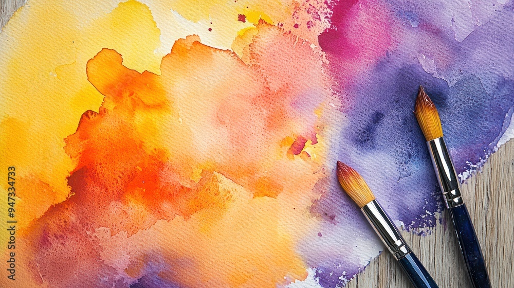 Fototapeta premium Watercolor Painting with Two Paintbrushes