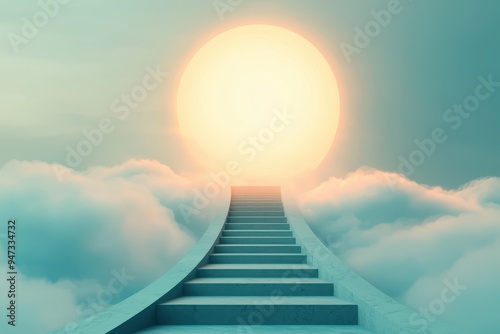 A dreamlike pathway winds upward through the clouds  leading toward a glowing sun that symbolizes soul ascension to a higher plane of existence  capturing the ethereal beauty of spiritual journey.