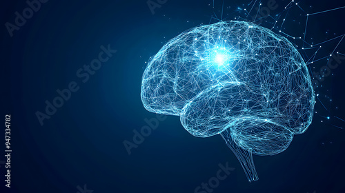 A digital blueprint-style illustration of a human brain, with glowing plexus lines drawn in a wireframe style. The brain is depicted in sharp, angular lines