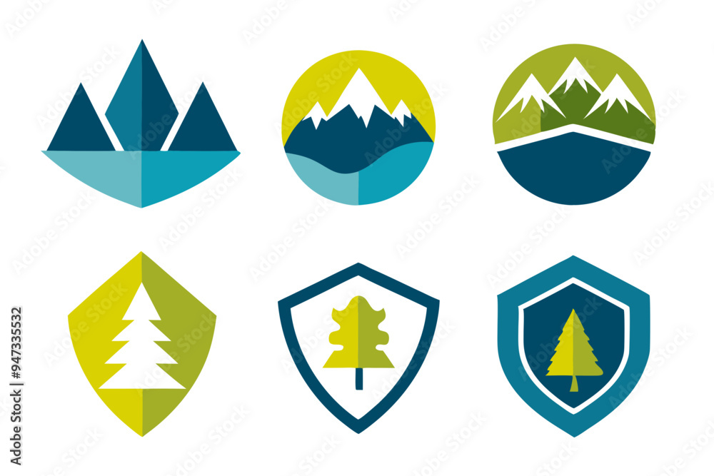 Modern Emblem with Natural Elements: Mountains, Trees, and Water Modern Emblem with Natural Elements: Mountains, Trees, and Water