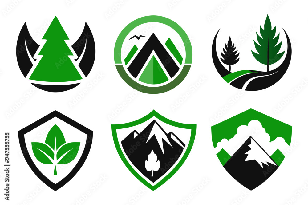 Modern Emblem with Natural Elements: Mountains, Trees, and Water Modern Emblem with Natural Elements: Mountains, Trees, and Water
