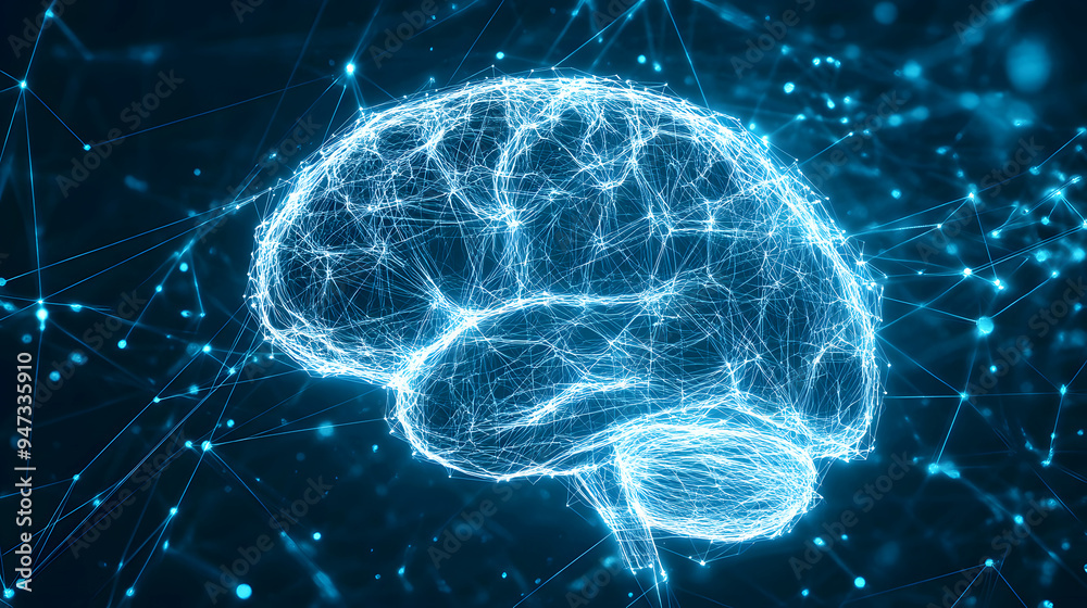 A digital blueprint-style illustration of a human brain, with glowing plexus lines drawn in precise, technical lines. The brain is depicted in a wireframe design A digital blueprint-style illustration of a human brain, with glowing plexus lines drawn in precise, technical lines. The brain is depicted in a wireframe design
