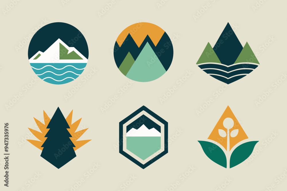 Modern Emblem with Natural Elements: Mountains, Trees, and Water Modern Emblem with Natural Elements: Mountains, Trees, and Water