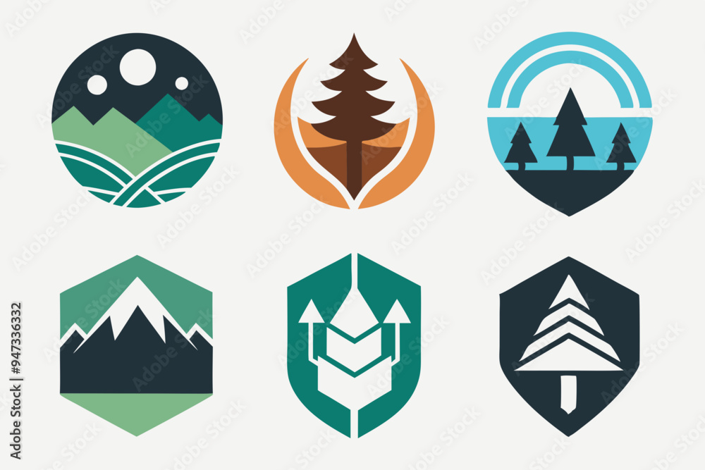 Modern Emblem with Natural Elements: Mountains, Trees, and Water Modern Emblem with Natural Elements: Mountains, Trees, and Water