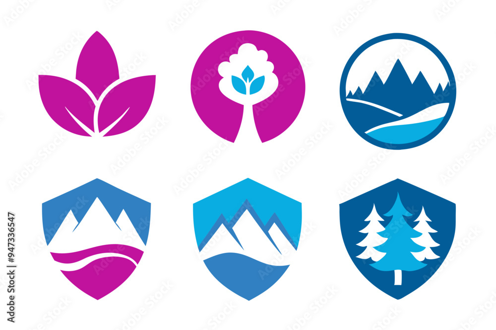 Modern Emblem with Natural Elements: Mountains, Trees, and Water Modern Emblem with Natural Elements: Mountains, Trees, and Water