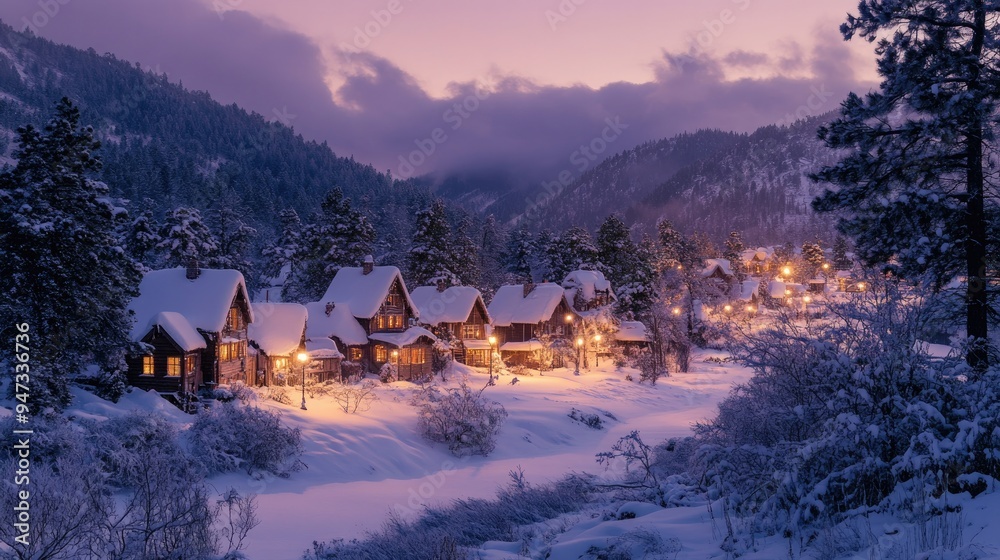 A picturesque view of Ningle Terrace at twilight, with the cottages lit up against a snowy backdrop. A picturesque view of Ningle Terrace at twilight, with the cottages lit up against a snowy backdrop.